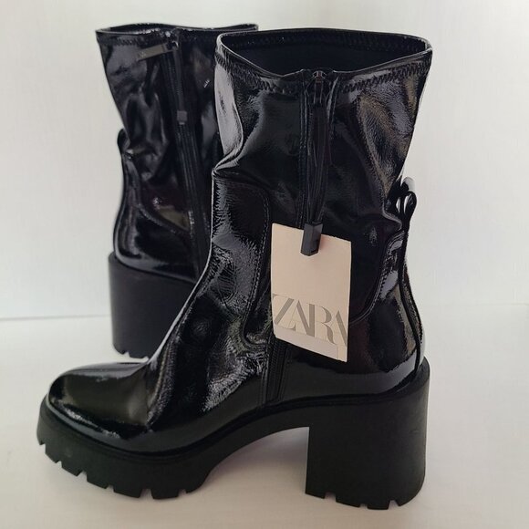 ZARA HIGH-HEEL FAUX PATENT ANKLE BOOTS WITH TRACK SOLE BLACK SIZE 10 | 3118/010 - Picture 9 of 11